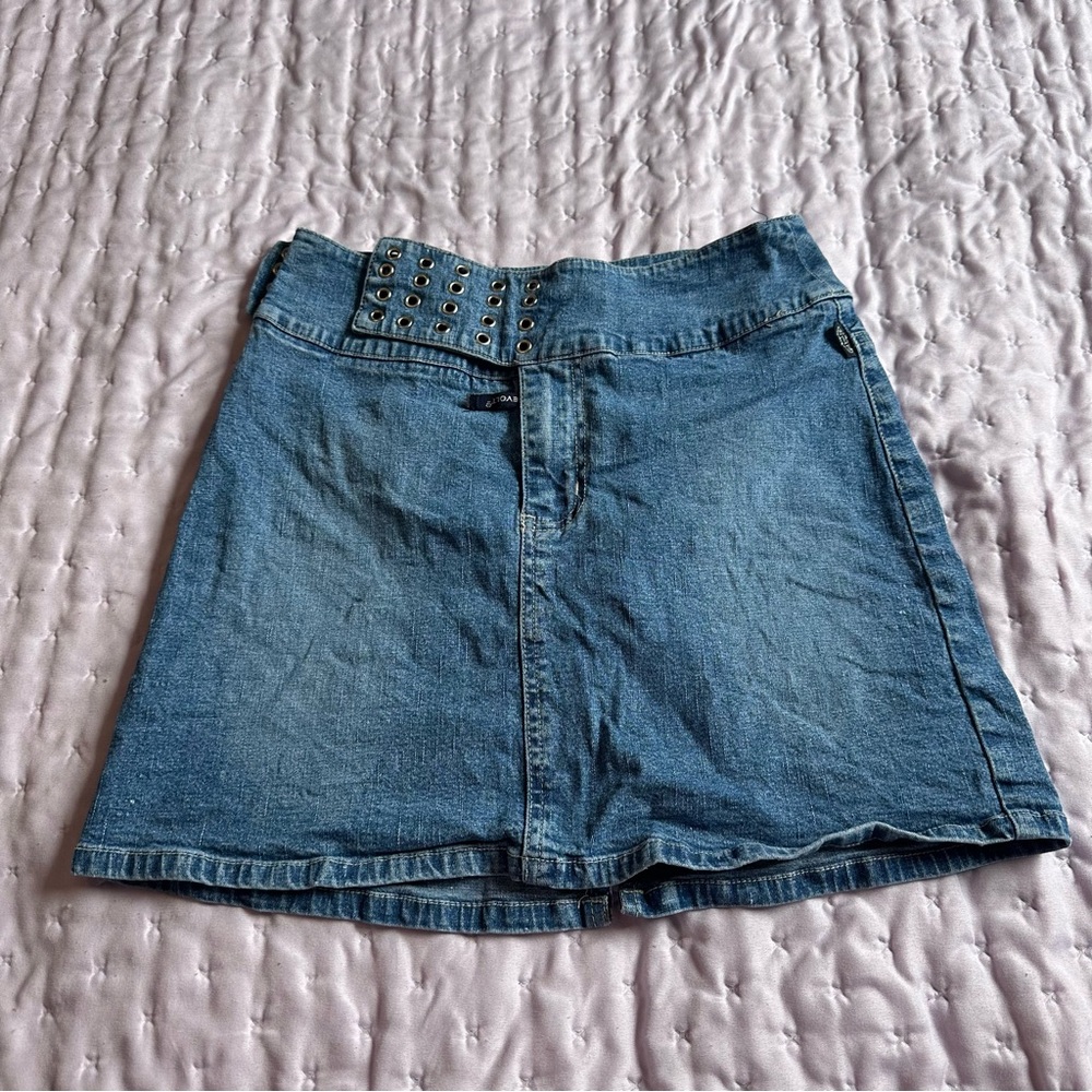 Vnt Y2K Revolt Denim Fringe Belt Miniskirt Size 5/6 A Fringe Needs Restrung ￼